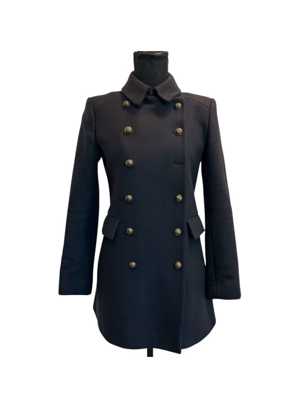 Zara dark navy blue double breasted military jacket coat Sz XS